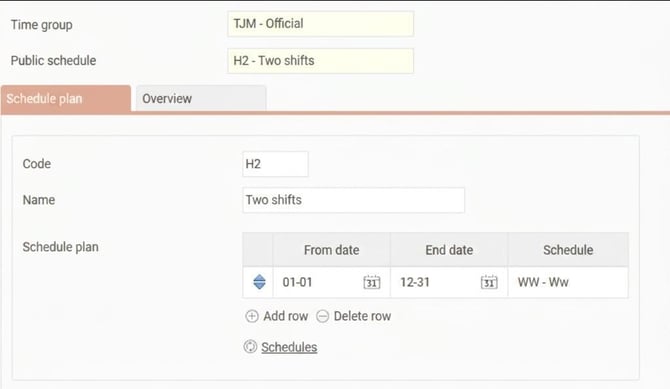 Public schedule, the Schedule plan tab, schedule WW to apply 01-01 - 12-31.