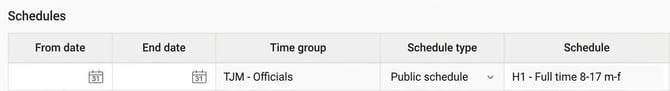 Schedules in the Employee register: Date, Time group, Schedule type and Schedule.
