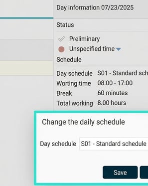 The icon for schedule change in the day information of the time report opens a popup to change the daily schedule.