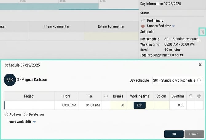 The icon for schedule change in the day information of the time report opens a popup to change the schedule.