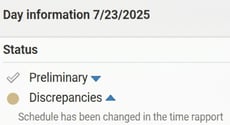 The day information in the time report shows the discrepancy 'Schedule has been changed in the time report'.