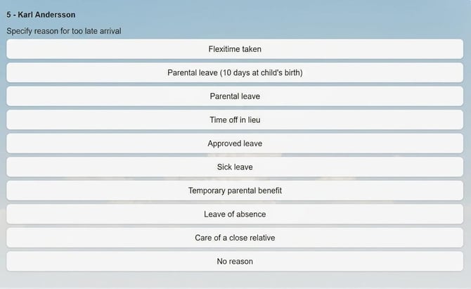 The time clock terminal displays a list of reasons for absence.