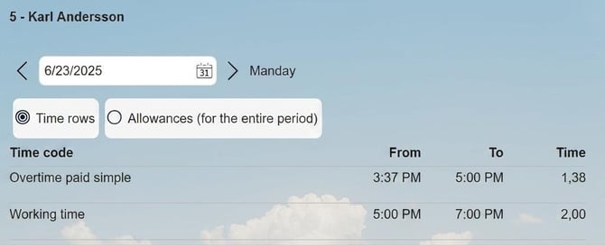 The time clock terminal displays time rows for employee 5, 2025-06-23.