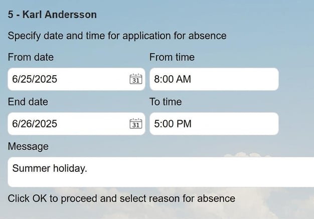 The time clock terminal displays the date, time and message for an application for absence along with the text 