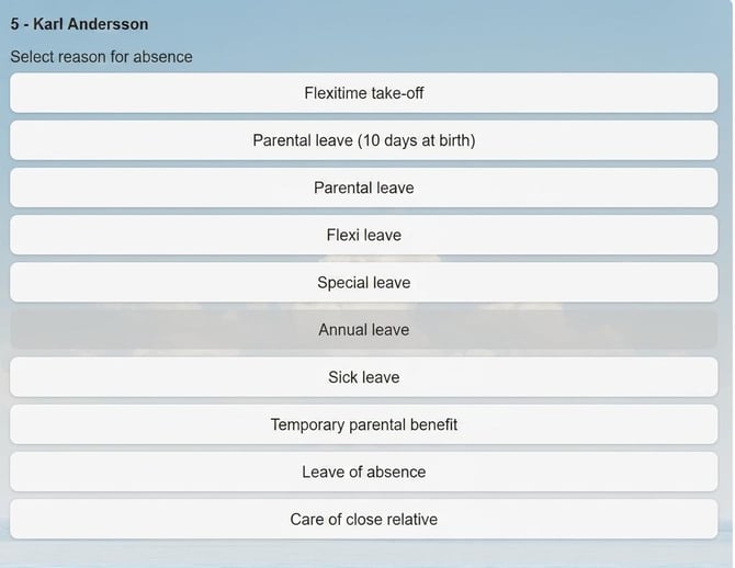 The time clock terminal displays a list of reasons for absence. Annual leave is selected.