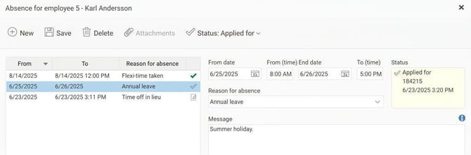 The absence manager displays an application for absence.