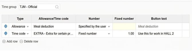 Allowances that can be clocked. Row 1: Allowance Meal deduction, Number specified by the user, Button text “Meal deduction”. Row 2: Time code EXTRA, Fixed number 1.00, Button text “Use this for work HALL 2”.