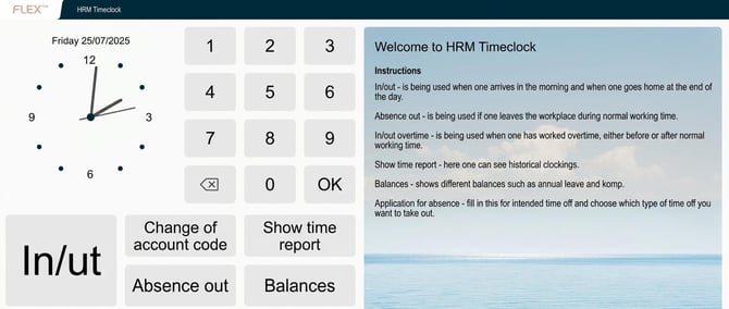 Welcome text and messages are displayed on the time clock terminal.