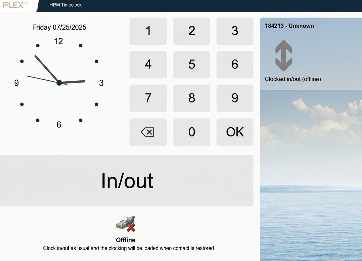 Time clock terminal in offline mode. Only one In/Out button and information stating that the clockings will be uploaded once contact is re-established.