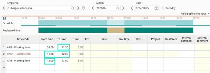The time report for a day. Three time rows, ARB 08:00-11:30, BREAK 11:30-12:00, ARB 12:00-17:00. All times are in black.