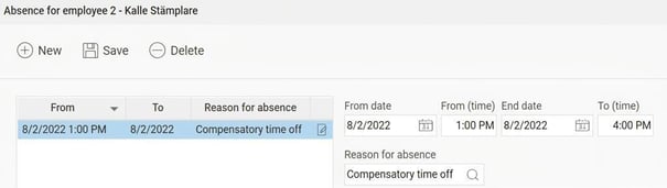 The absence manager displays an absence on 2022-08-22 from 13:00 to 16:00, reason for absence: Comp time.