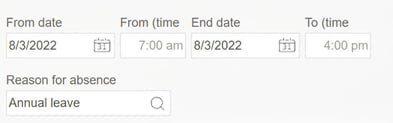 The absence manager displays an absence with reason for absence Annual leave. Date 2022-08-03 has been entered, the times 07:00 and 16:00 were filled in automatically.