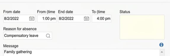 The absence manager displays an absence entry for 2022-08-02, reason for absence: Comp time, message