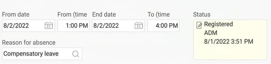 Absence entry with status Registered.
