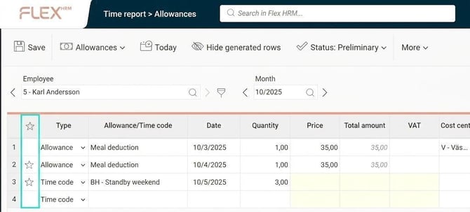 In the Allowances view, there is a column with a star icon.
