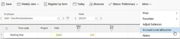 The time report displays the menu under More: Print, Favorites, Adjust balances, Account code allocation, Notes.