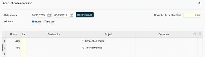 Account code allocation. Two rows, with 4.00 hours on each row. Hours left to be allocated shows undefined hours.