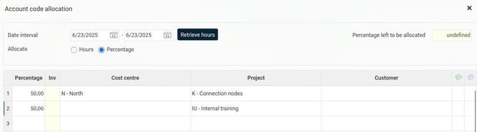 Account code allocation. Two rows with 50.00% on each row. Percentage left to be allocated shows undefined.