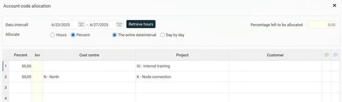 Account code allocation. Date interval 2025-06-23 - 2025-06-27. Two rows: One with 50% project IU, one row with 50% cost centre N, project K.