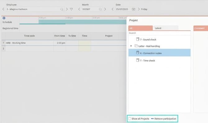 Time report, project popup. Option to show all projects and to remove participation.