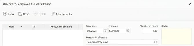 The Absence manager displays an absence on 2025-06-03. 1.5 hours. Reason for absence: Compensatory leave.