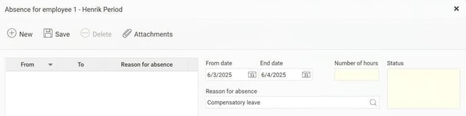 The Absence manager. An absence entry for 2025-06-03 – 2025-06-04. The Number of hours field is read-only.