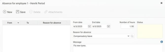The Absence manager. An absence entry 2025-06-03, 1.5 hours, reason for absence: Compensatory leave, message
