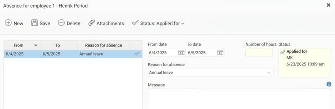 The Absence manager displays an absence entry with status Applied for.