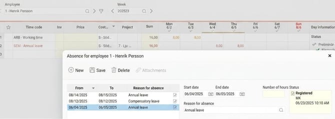 The Absence manager displays an absence entry with status Registered. In the time report the absence has been generated.