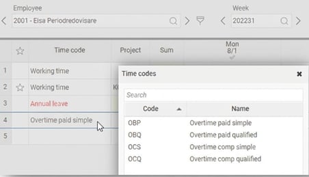 Popup displays available time codes for overtime.