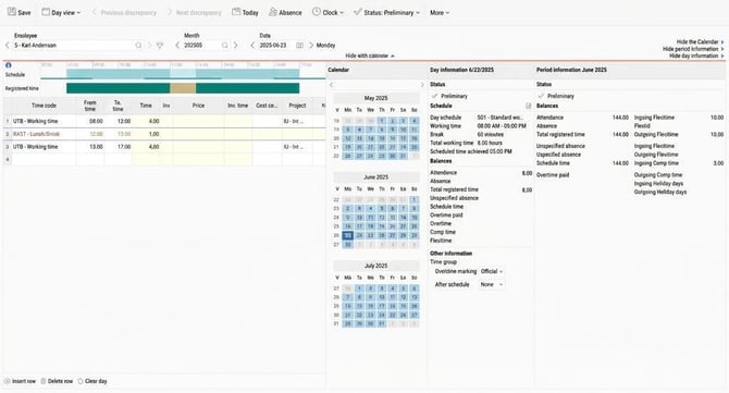 Image of time report displaying calendar, day information and period information.