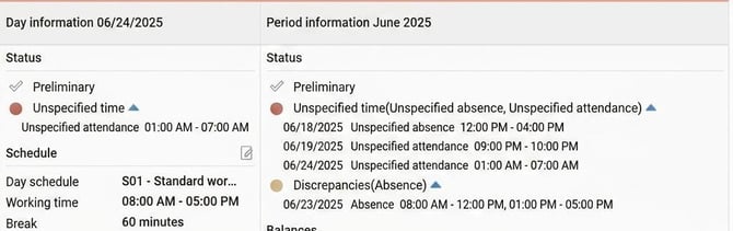 Image of day information and period information showing details about unspecified time and discrepancies.