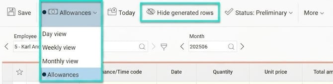 The image shows a marking at Allowances and the icon to hide generated rows.
