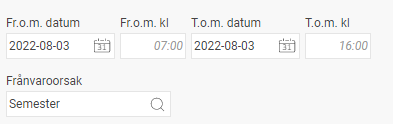 Frånvarohanteraren visar en frånvaro med frånvaroorsak Semester. Datum 2022-08-03 har angetts, klockslagen 07:00 och 16:00 har fallit ut automatiskt. 