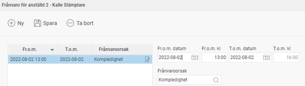 Frånvarohanteraren visar en frånvaro 2022-08-22 kl 13:00-16:00, frånvaroorsak Kompledighet.