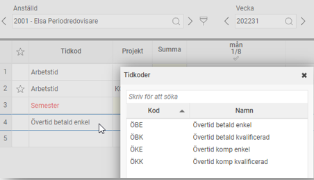 Popup visar tillgängliga tidkoder för övertid.