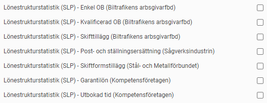 Bilden visar fler exempel på kryssrutor i löneartsregistret för olika branscher
