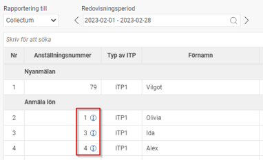 Bild visar underlag för Collectum där i-symbol visas till höger för de anställningsnummer som har hopslagning av personnummer.