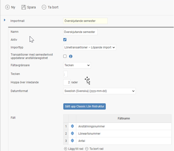 Bilden visar översikten av en importmall för löpande import av transaktioner.