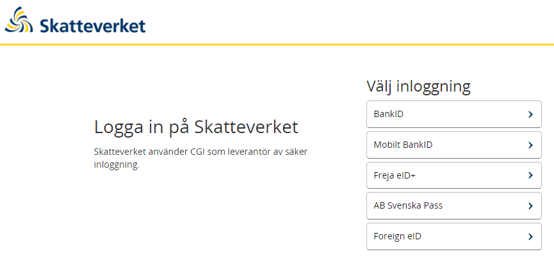 Bilden visar inloggning på skatteverkets hemsida.