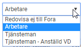 Bild visar urvalslista över vilka kategories man kan välja för Fora för en anställd.