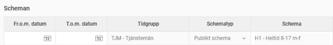 Scheman i anställdaregistret: Datum, Tidgrupp, Schematyp och Schema.