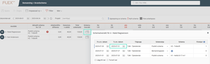 Popupen Schemaöversikt. Slutdatum 2025-07-31 sätts för aktuell schemarad.