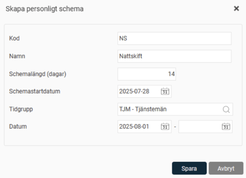 Popupen för att skapa nytt personligt schema.