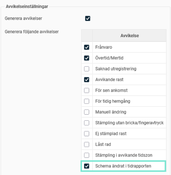 Bilden visar de avvikelser som kan användas, bl a “Schema ändrat i tidrapporten”.