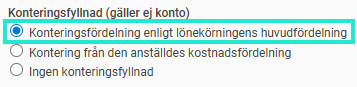 Bild visar markerad inställning för "Konteringsfördelning enligt lönekörningens huvudfördelning".