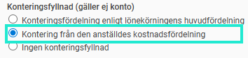 Bild visar markerad inställning för "Kontering från den anställdes kostnadsfördelning".".