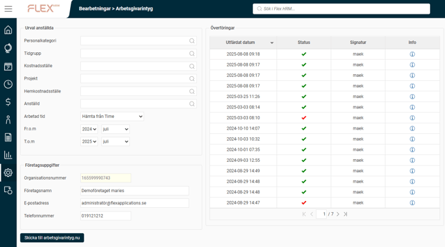Bilden visar översikten av funktionen att skicka arbetsgivarintyg.
