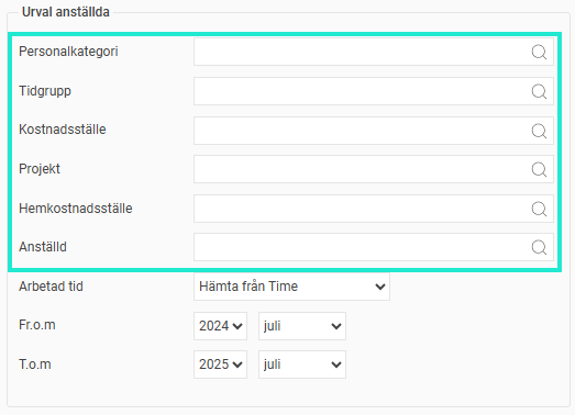 Bilden visar olika fält där man kan göra urval på anställda.