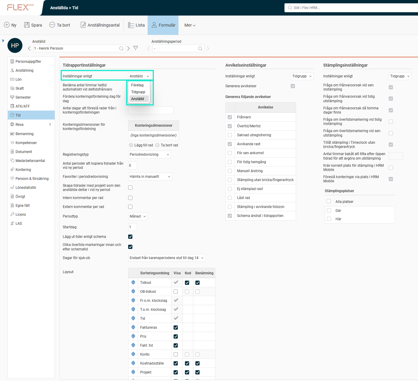 Bilden visar att man i anställdaregistret kan ställa in att tidrapporten ska följa inställningar enligt företag, tidgrupp eller anställd.